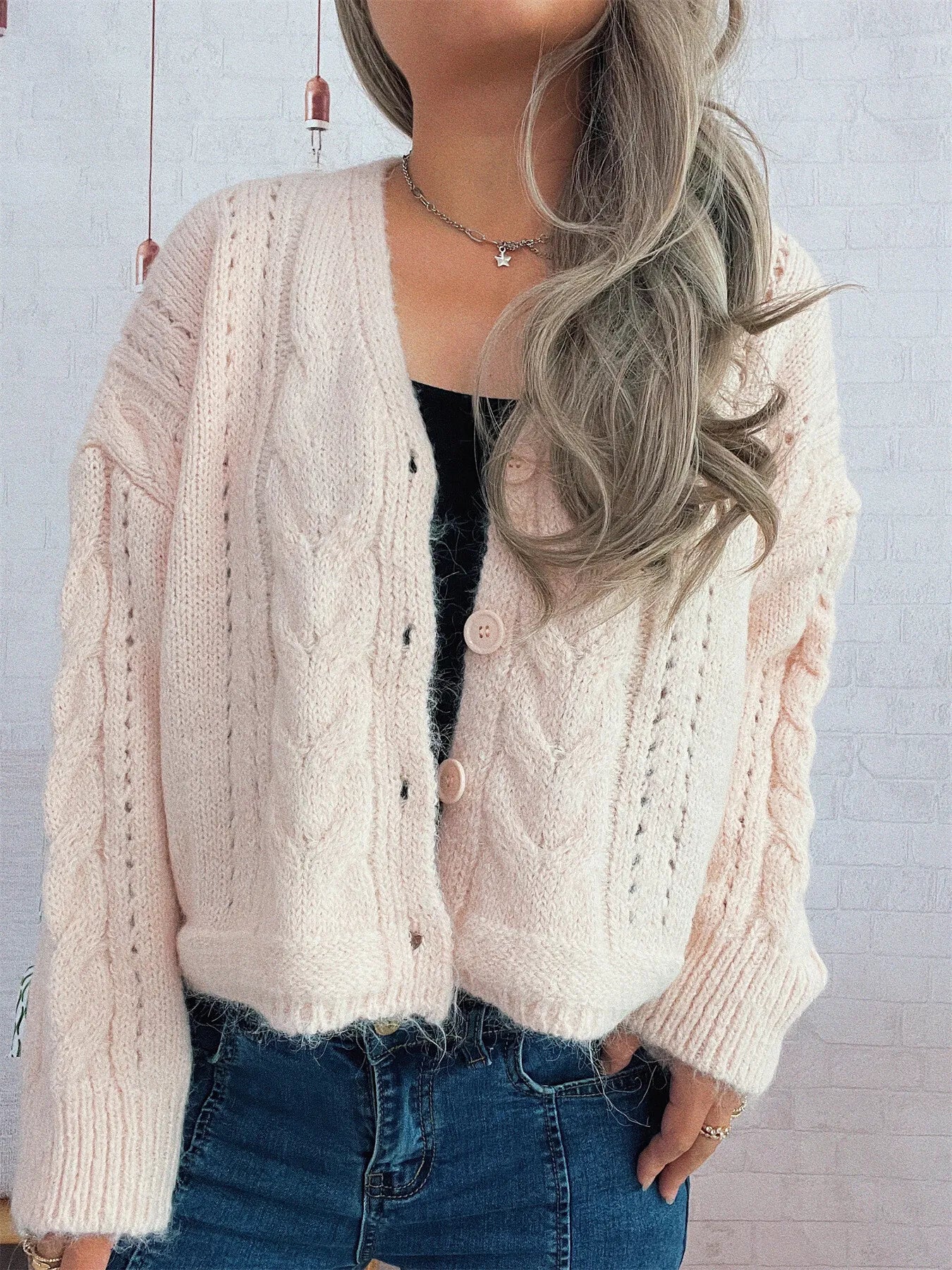 Pink cable knit button-up cardigan – Cloudside style from A Whimsical Affair.