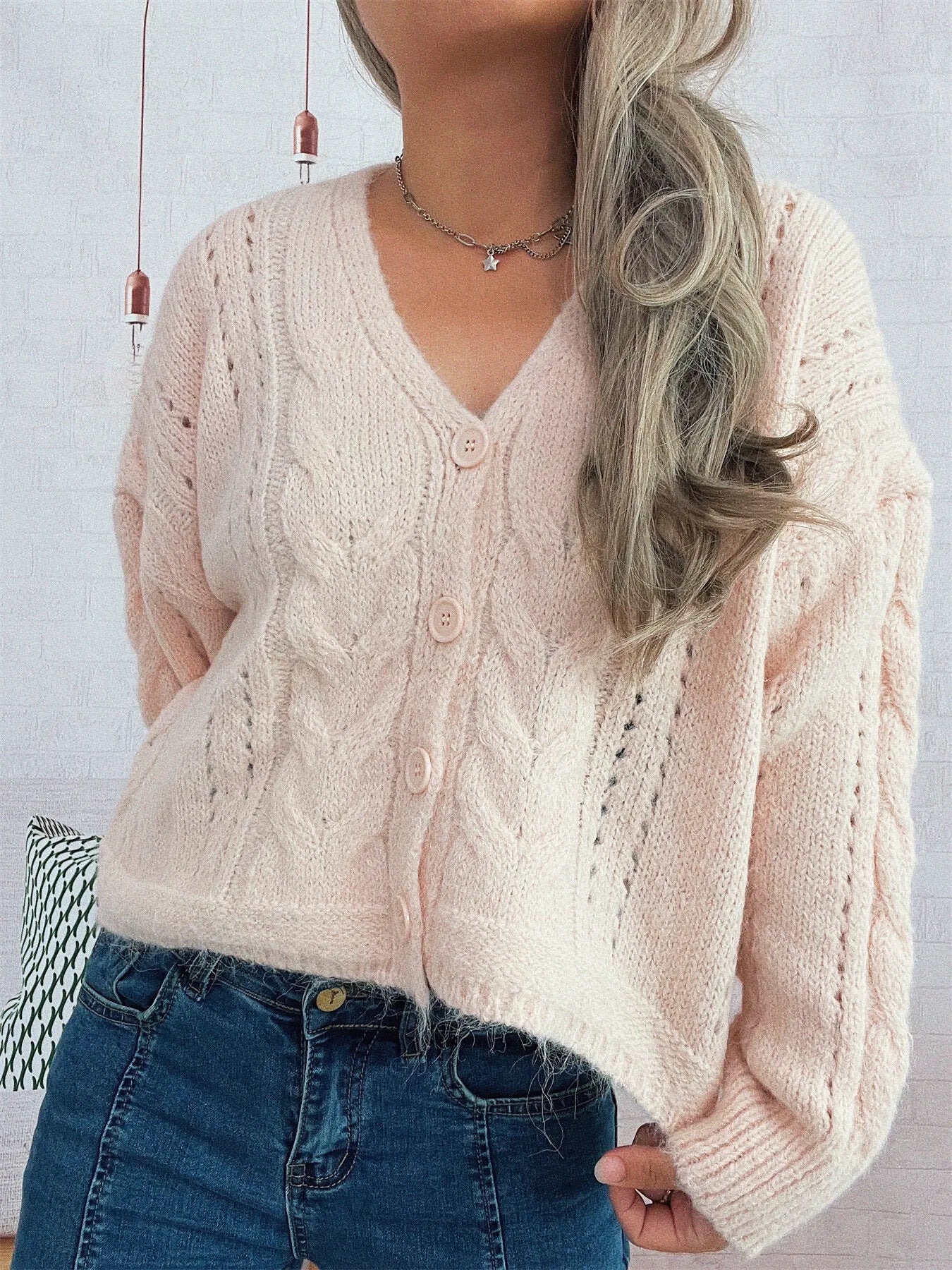 Pink cable knit button-up cardigan – Cloudside style from A Whimsical Affair.