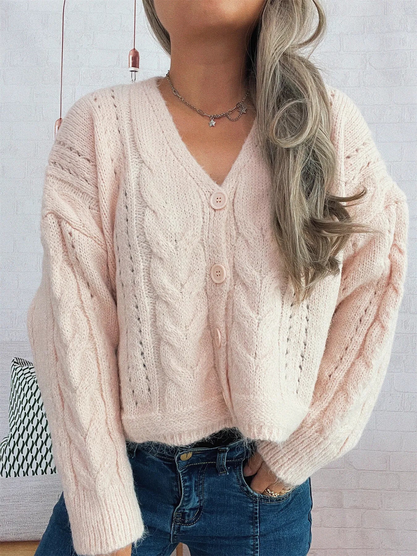 Pink cable knit button-up cardigan – Cloudside style from A Whimsical Affair.