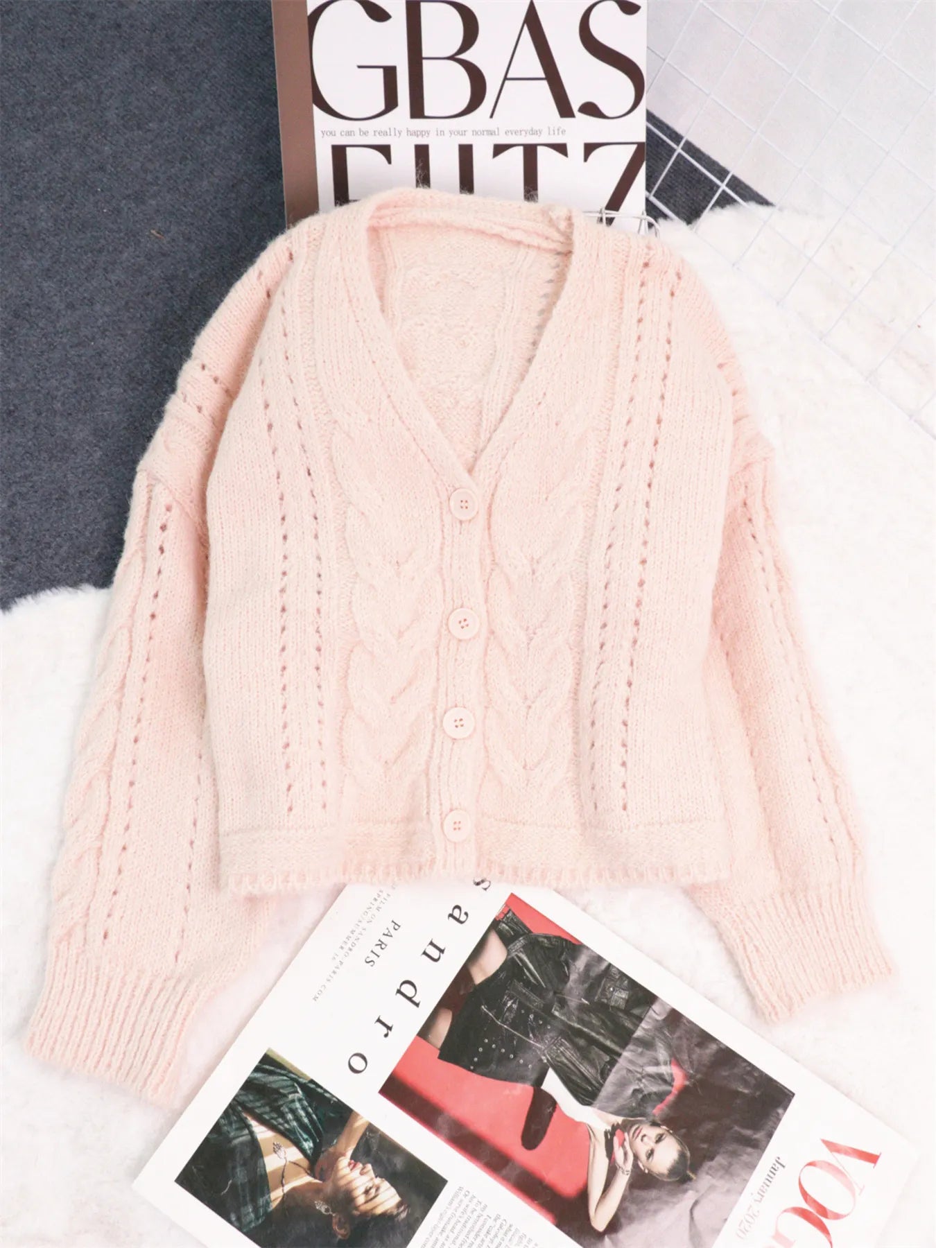 Pink cable knit button-up cardigan – Cloudside style from A Whimsical Affair.