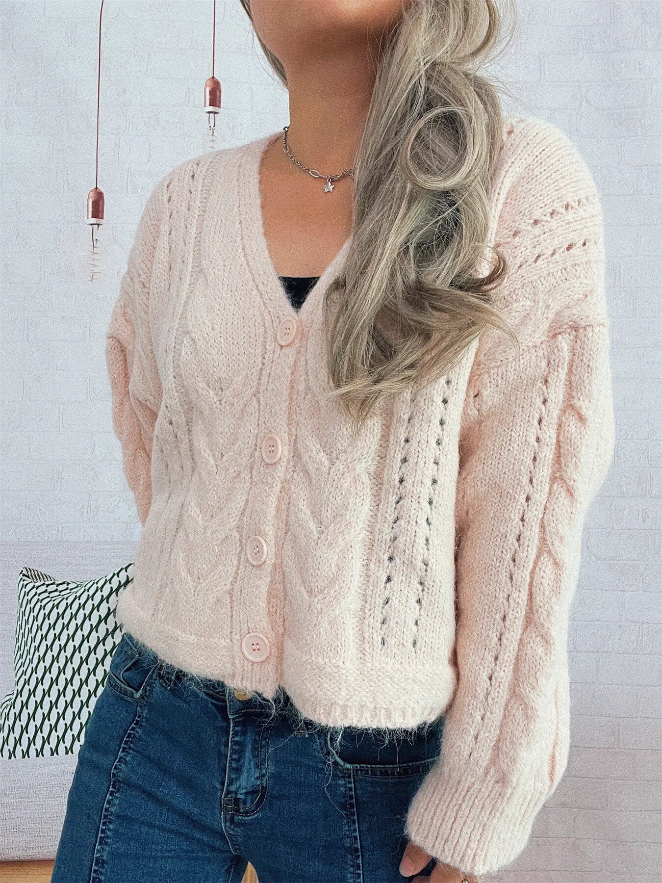 Pink cable knit button-up cardigan – Cloudside style from A Whimsical Affair.