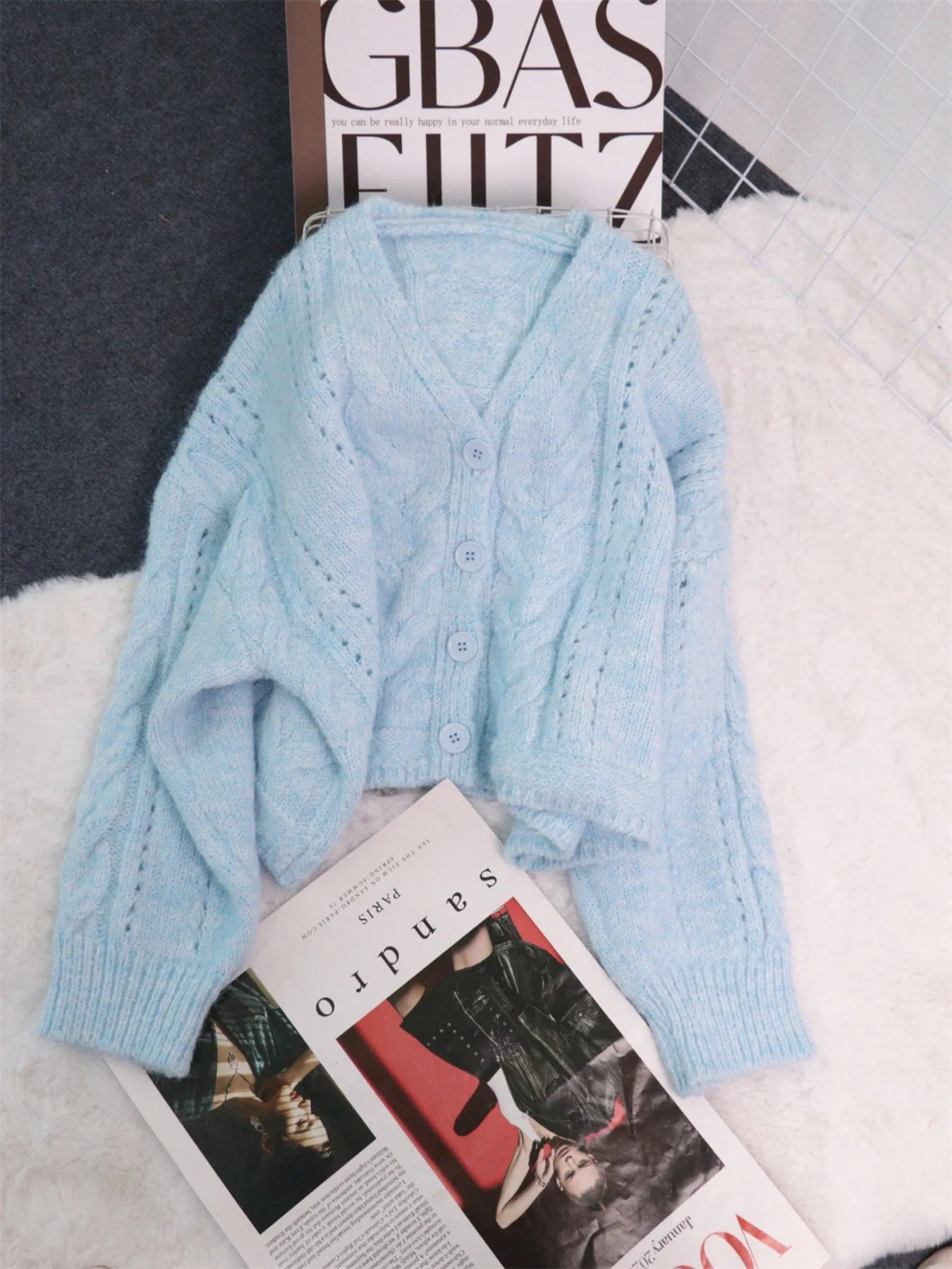 Sky blue cable knit button-up cardigan – Cloudside style from A Whimsical Affair.