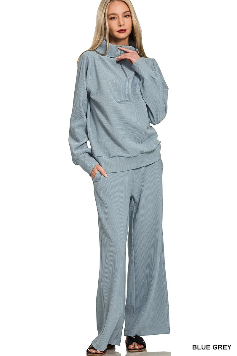 Cloudside Comfort Ribbed Two-Piece Set in blue-grey with half zip pullover and wide-leg pants