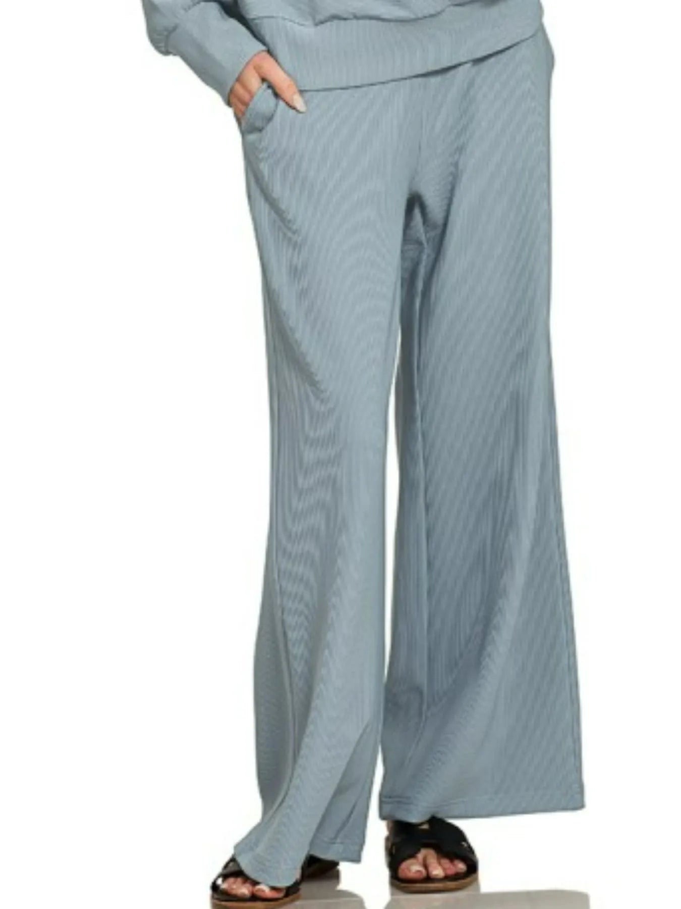 Cloudside Comfort Ribbed Two-Piece Set in blue-grey with half zip pullover and wide-leg pants