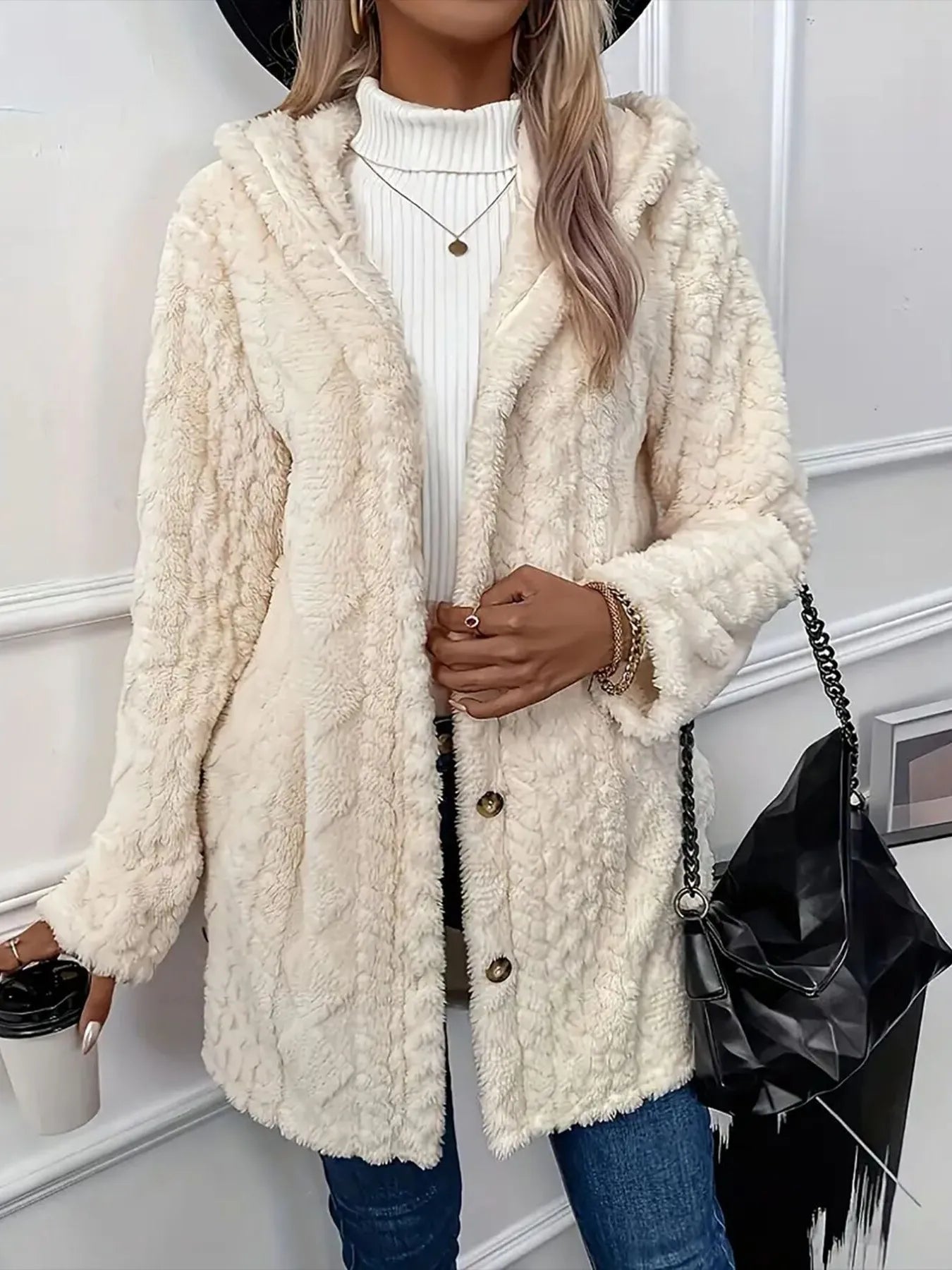 Cream faux fur teddy coat with button-front closure – Cloudsoft Teddy Coat from A Whimsical Affair.