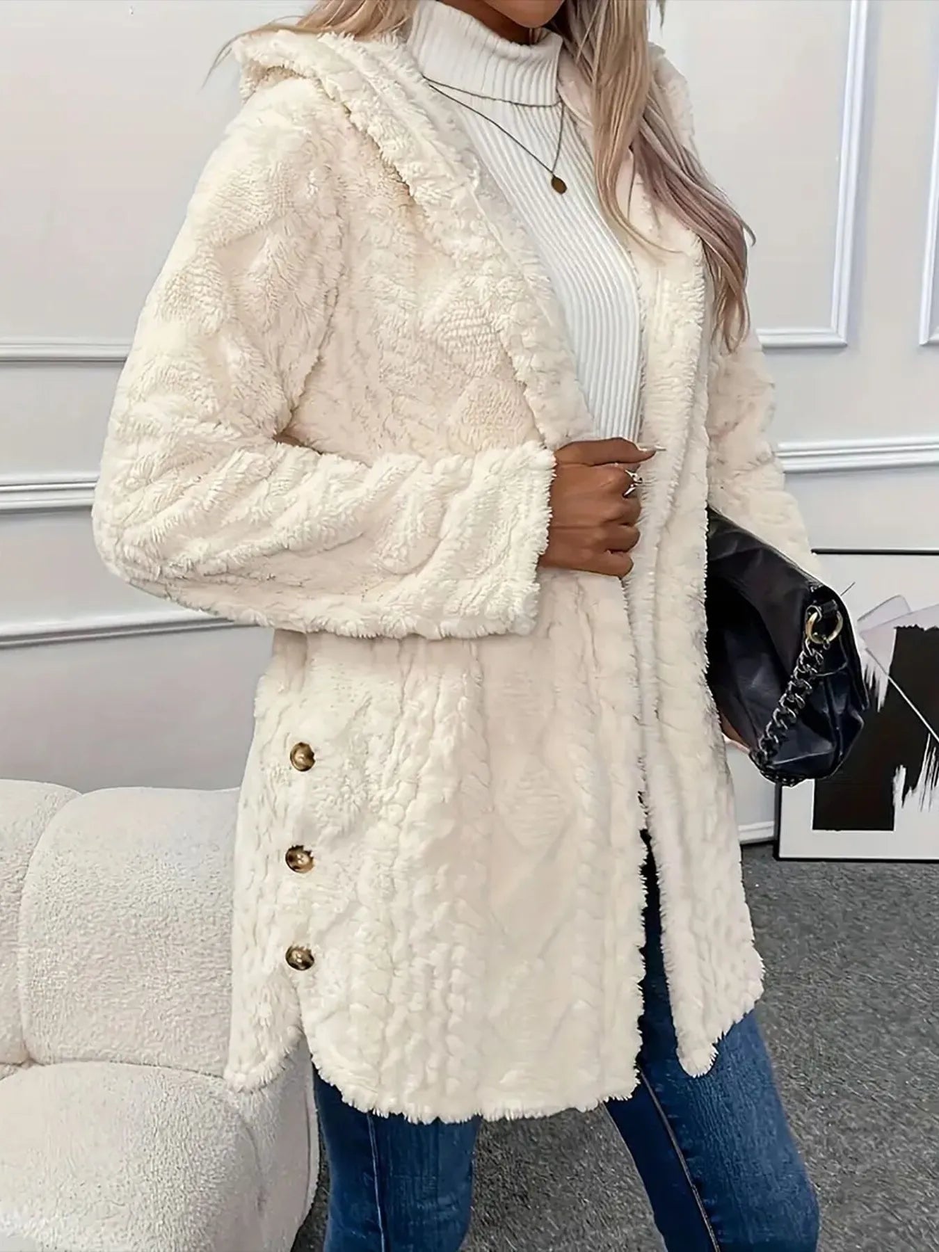 Cream faux fur teddy coat with button-front closure – Cloudsoft Teddy Coat from A Whimsical Affair.