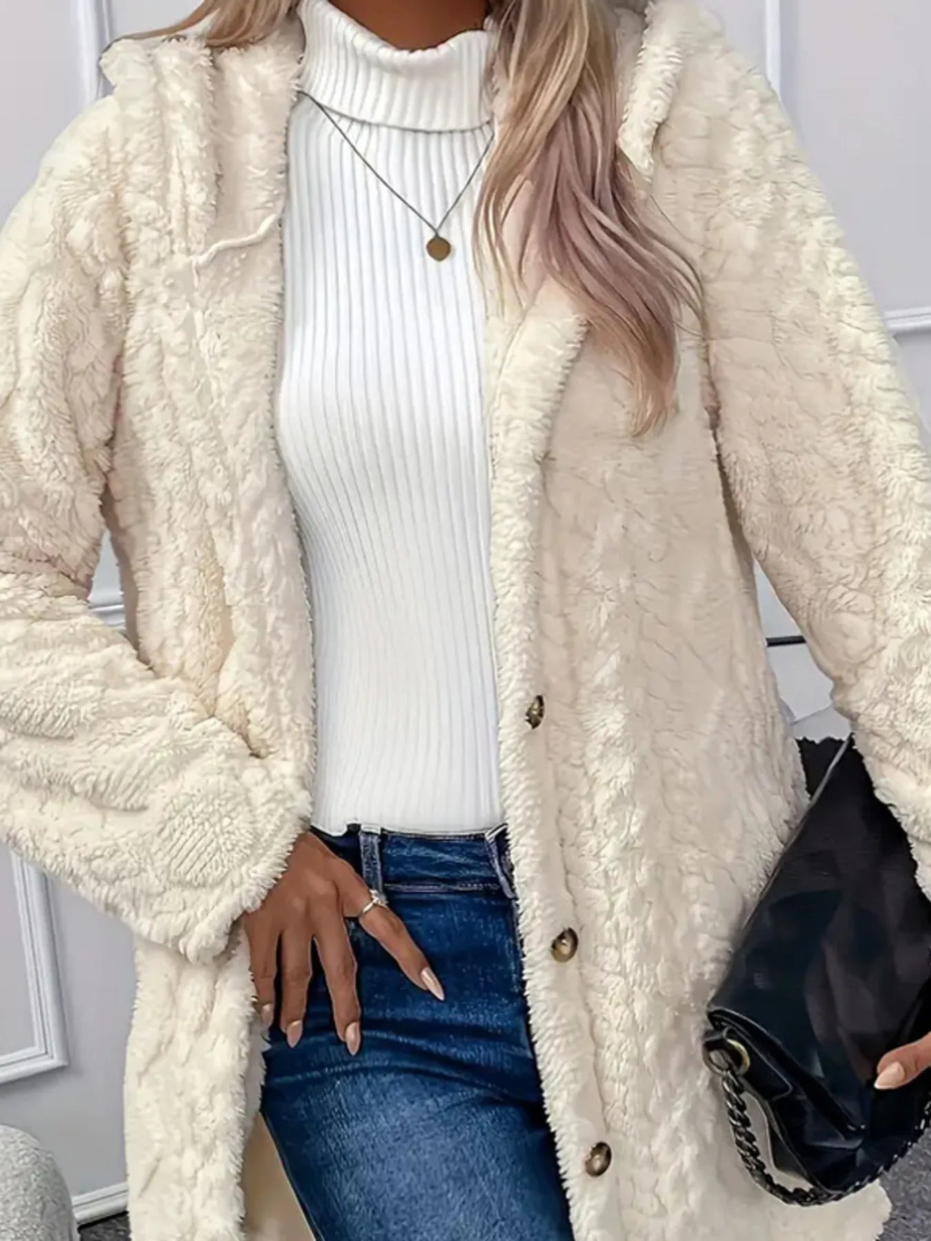 Cream faux fur teddy coat with button-front closure – Cloudsoft Teddy Coat from A Whimsical Affair.
