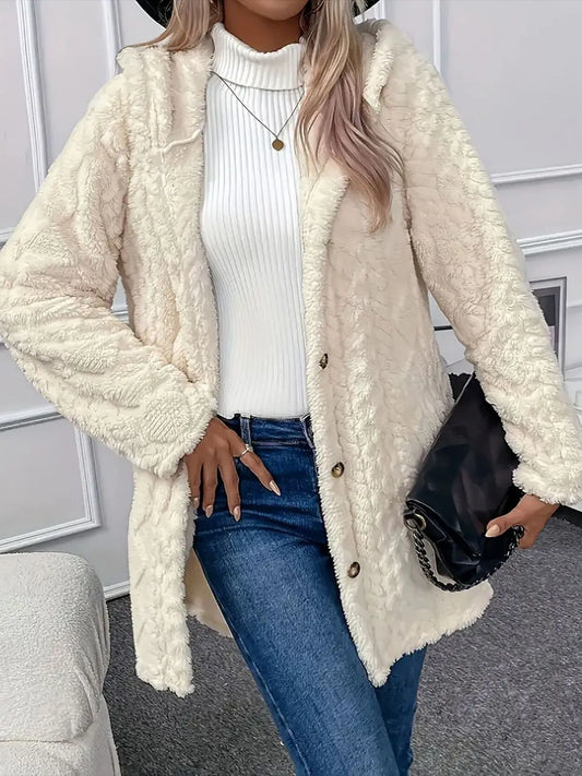 Cream faux fur teddy coat with button-front closure – Cloudsoft Teddy Coat from A Whimsical Affair.