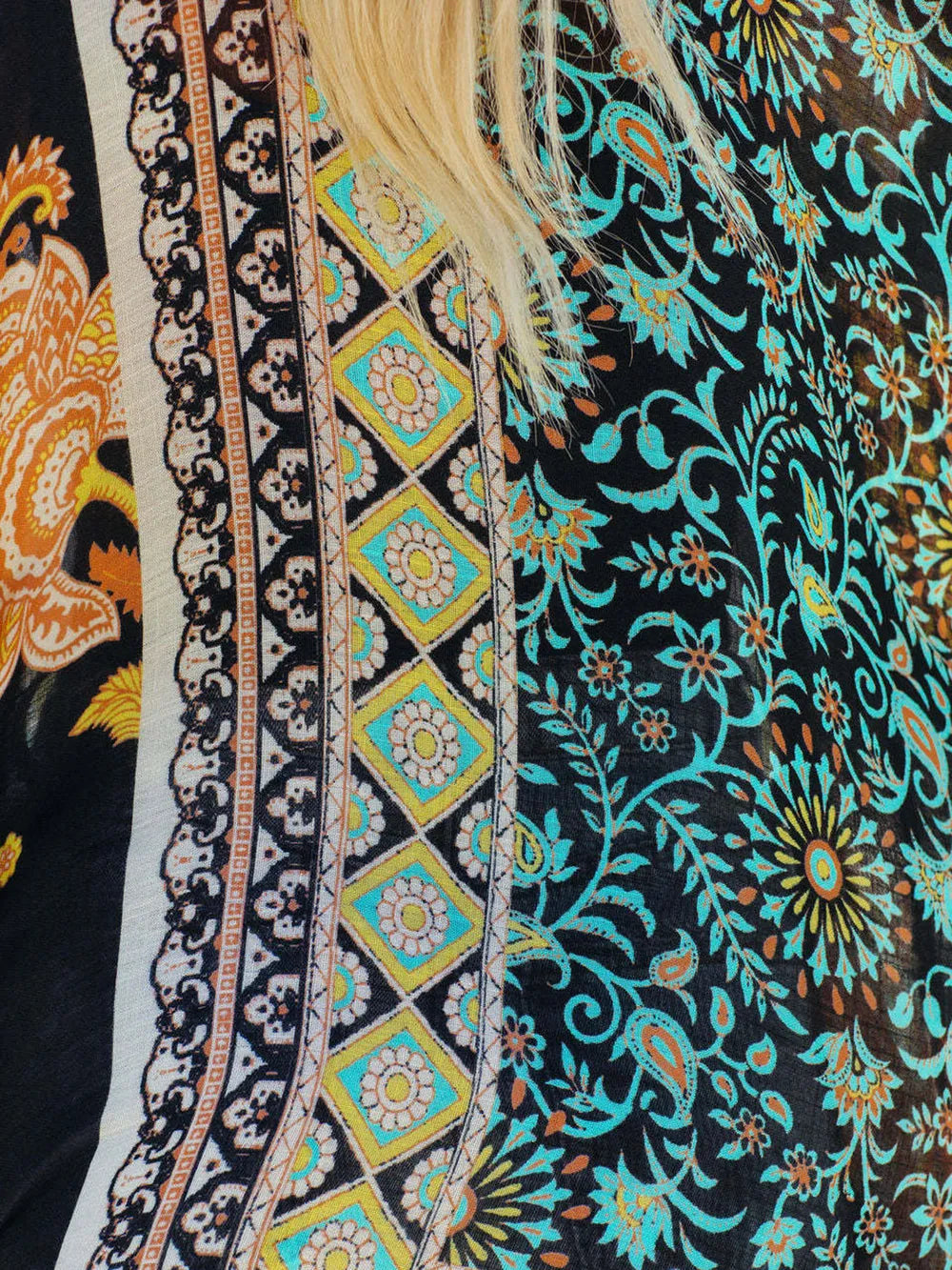 Coastal Breeze Printed Cover-Up in black – whimsical bohemian open front layering kimono.