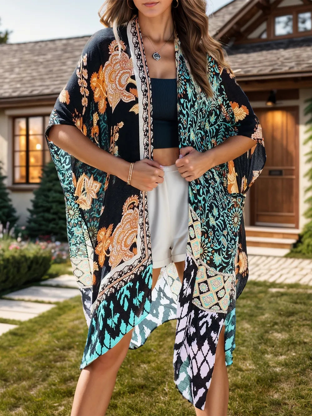 Coastal Breeze Printed Cover-Up in black – whimsical bohemian open front layering kimono.