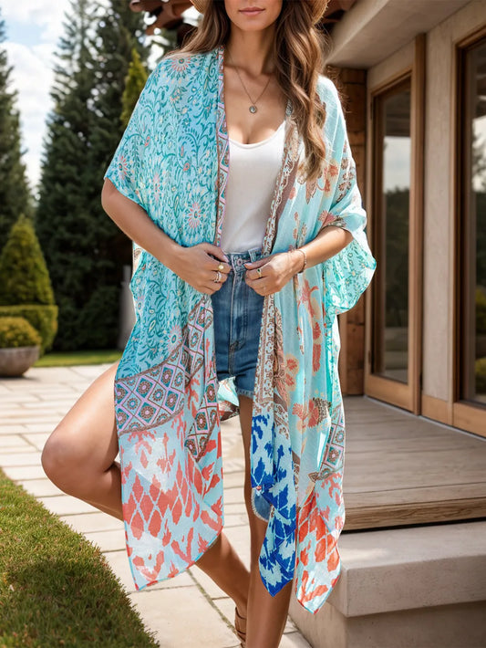 Coastal Breeze Printed Cover-Up in light blue – boho open front kimono from A Whimsical Affair.