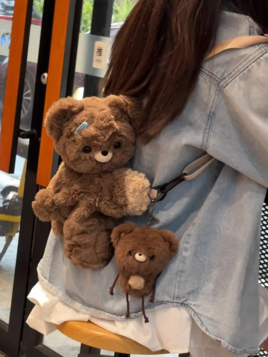 Brown teddy bear plush mini backpack with matching bear charm