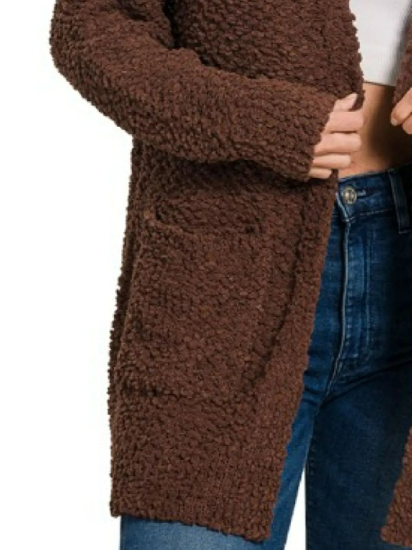 Cocoa Comfort Cardigan in brown—cozy popcorn knit open-front sweater with pockets from A Whimsical Affair.