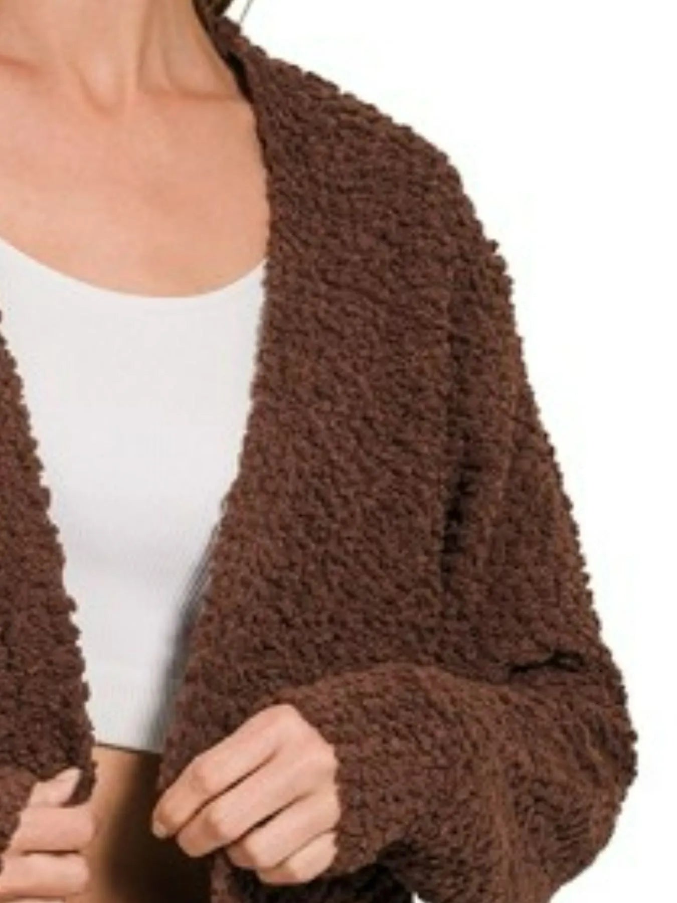 Cocoa Comfort Cardigan in brown—cozy popcorn knit open-front sweater with pockets from A Whimsical Affair.