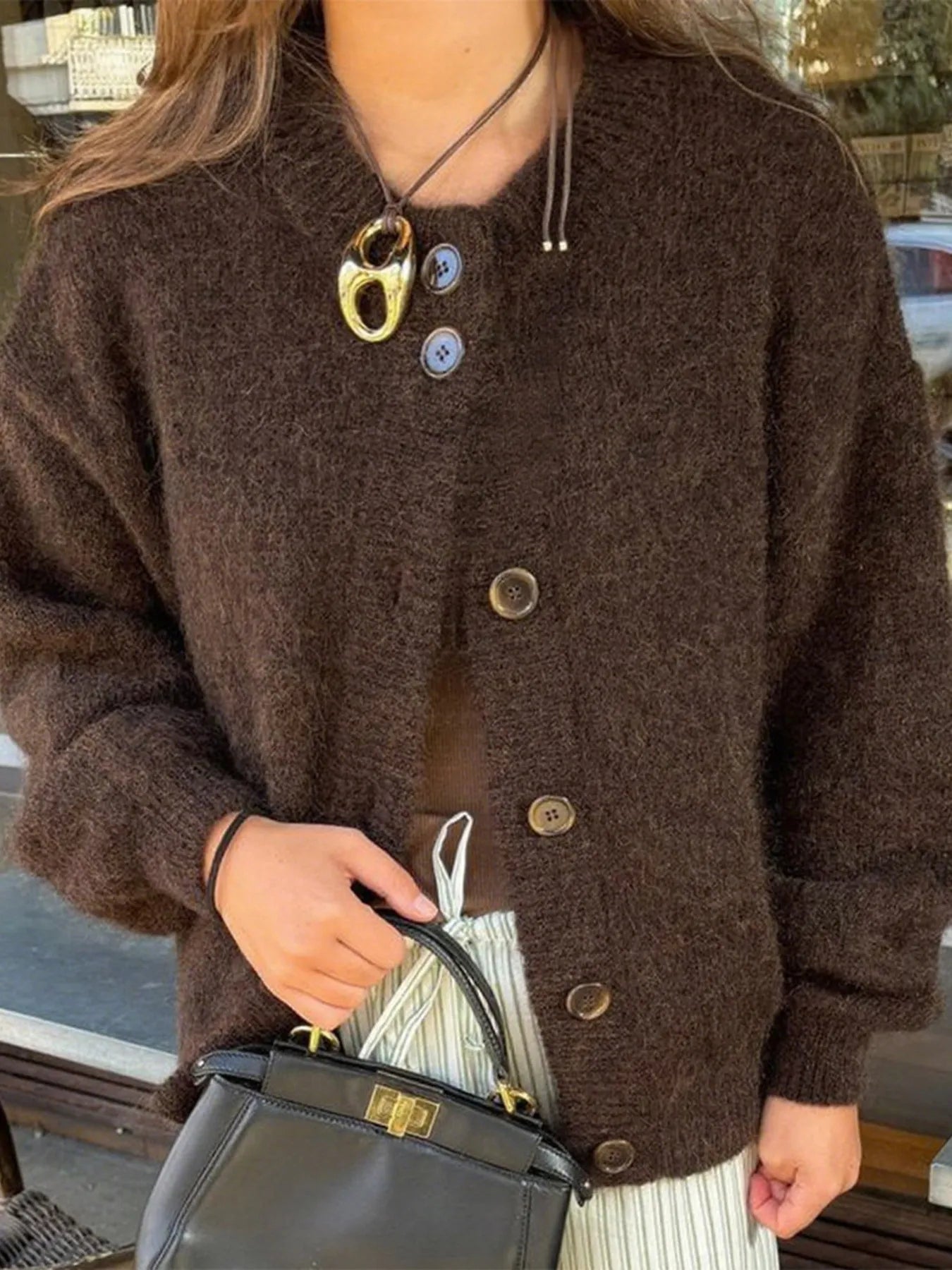 Brown button-down cardigan with long sleeves – Cocoa Comfort style from A Whimsical Affair.