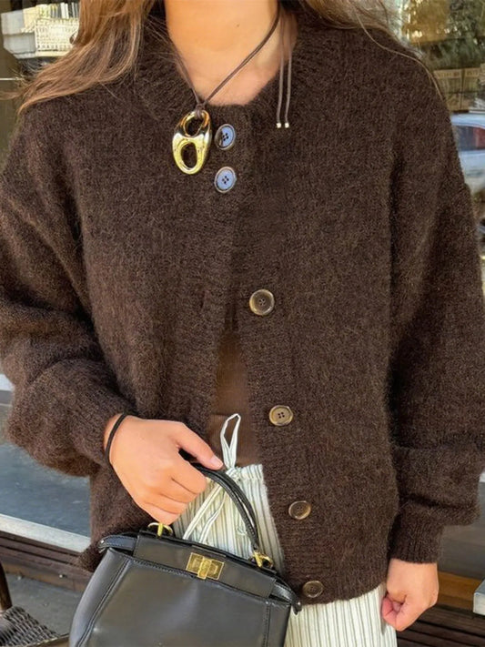 Brown button-down cardigan with long sleeves – Cocoa Comfort style from A Whimsical Affair.