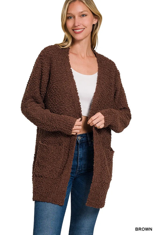 Cocoa Comfort Cardigan in brown—cozy popcorn knit open-front sweater with pockets from A Whimsical Affair.