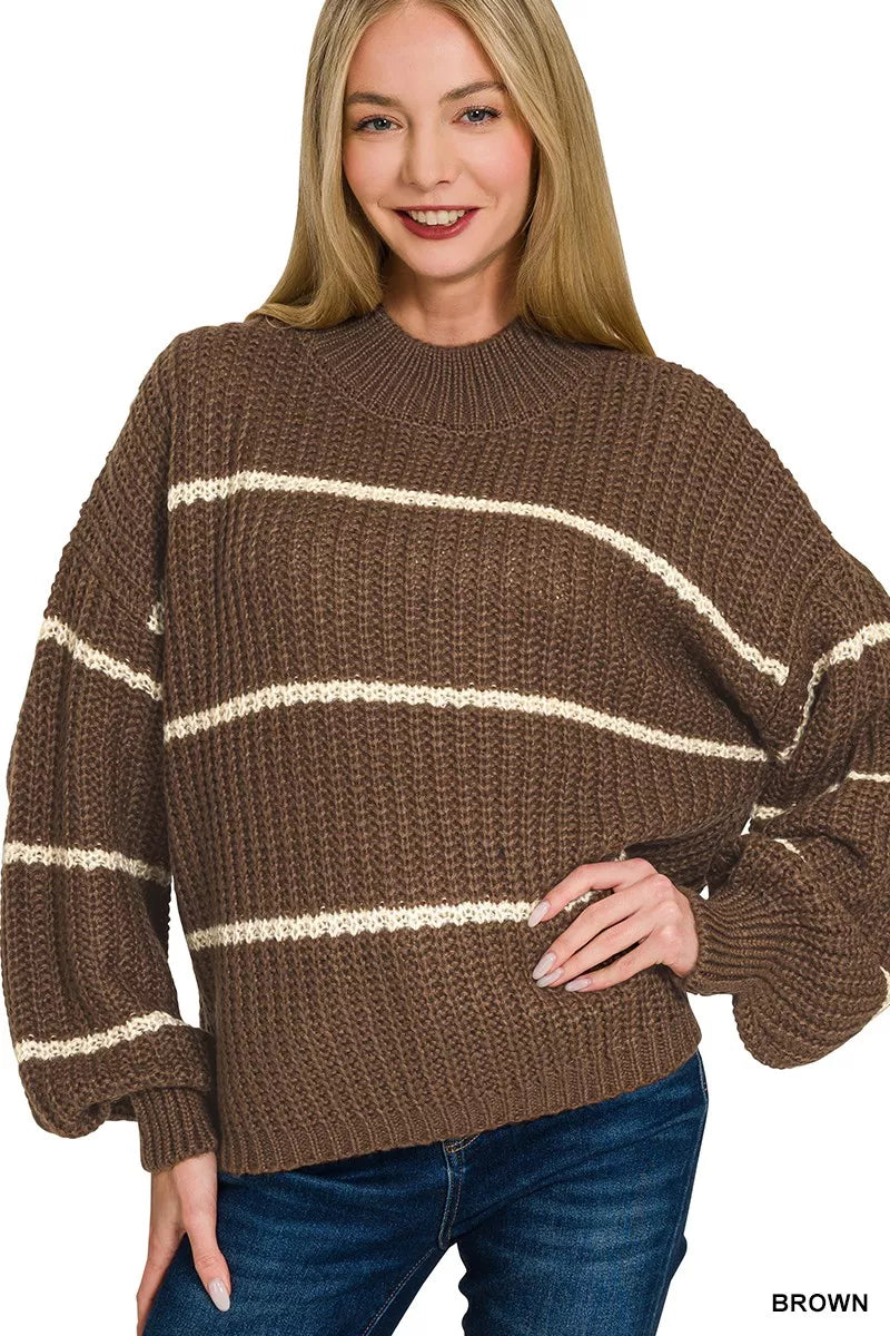 Brown oversized striped sweater with waffle-knit texture, ribbed neckline and cuffs, long sleeves, and cozy relaxed fit.