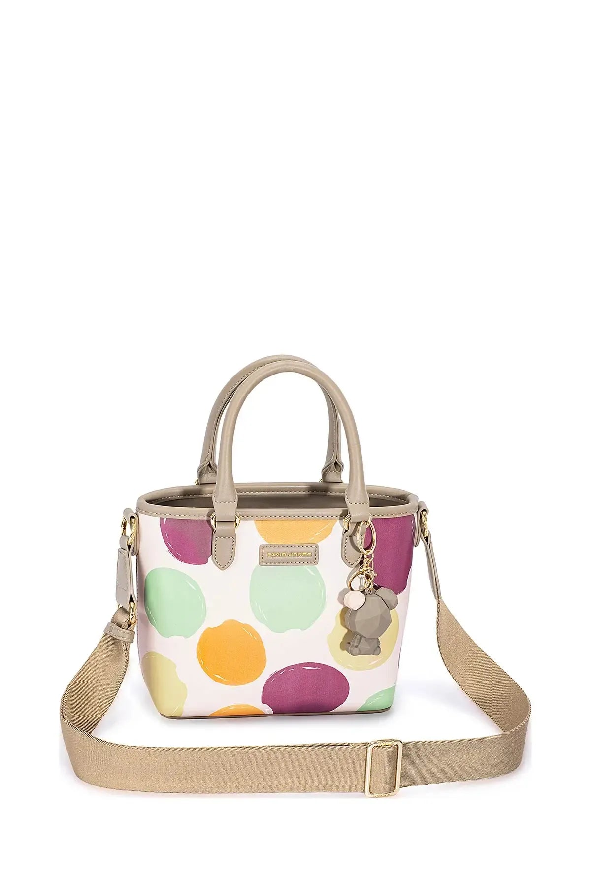 Confetti Charm Handbag – colorful polka dot David Jones tote with leather trim, gold hardware, and playful charm keychain.