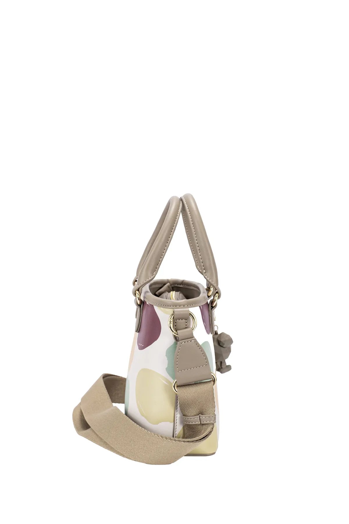 Confetti Charm Handbag – colorful polka dot David Jones tote with leather trim, gold hardware, and playful charm keychain.