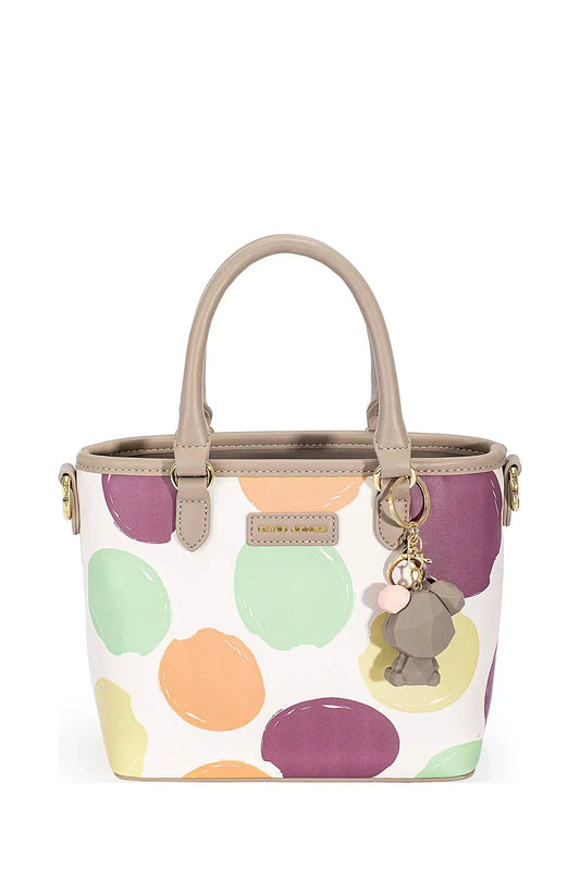Confetti Charm Handbag – colorful polka dot David Jones tote with leather trim, gold hardware, and playful charm keychain.