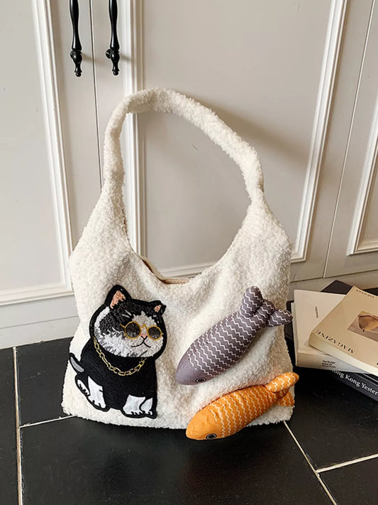 Fluffy white plush shoulder bag featuring an embroidered cool cat wearing sunglasses with playful fish accents.