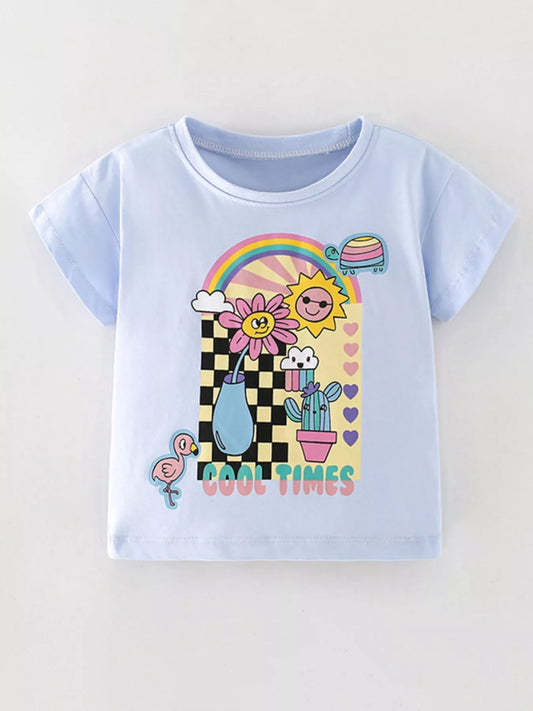 Kids light blue graphic tee with rainbow retro print