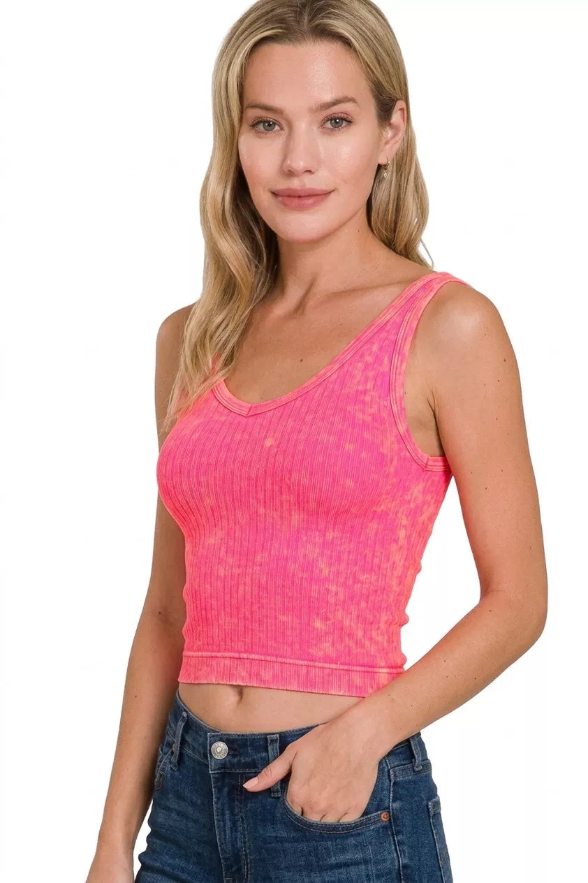 Bright coral ribbed crop cami with v-neckline