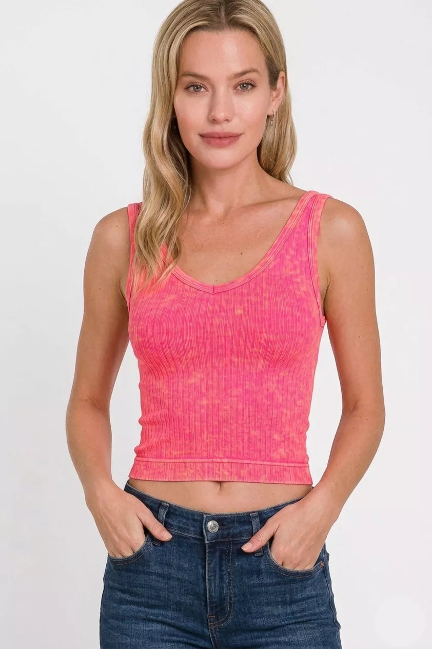 Bright coral ribbed crop cami with v-neckline
