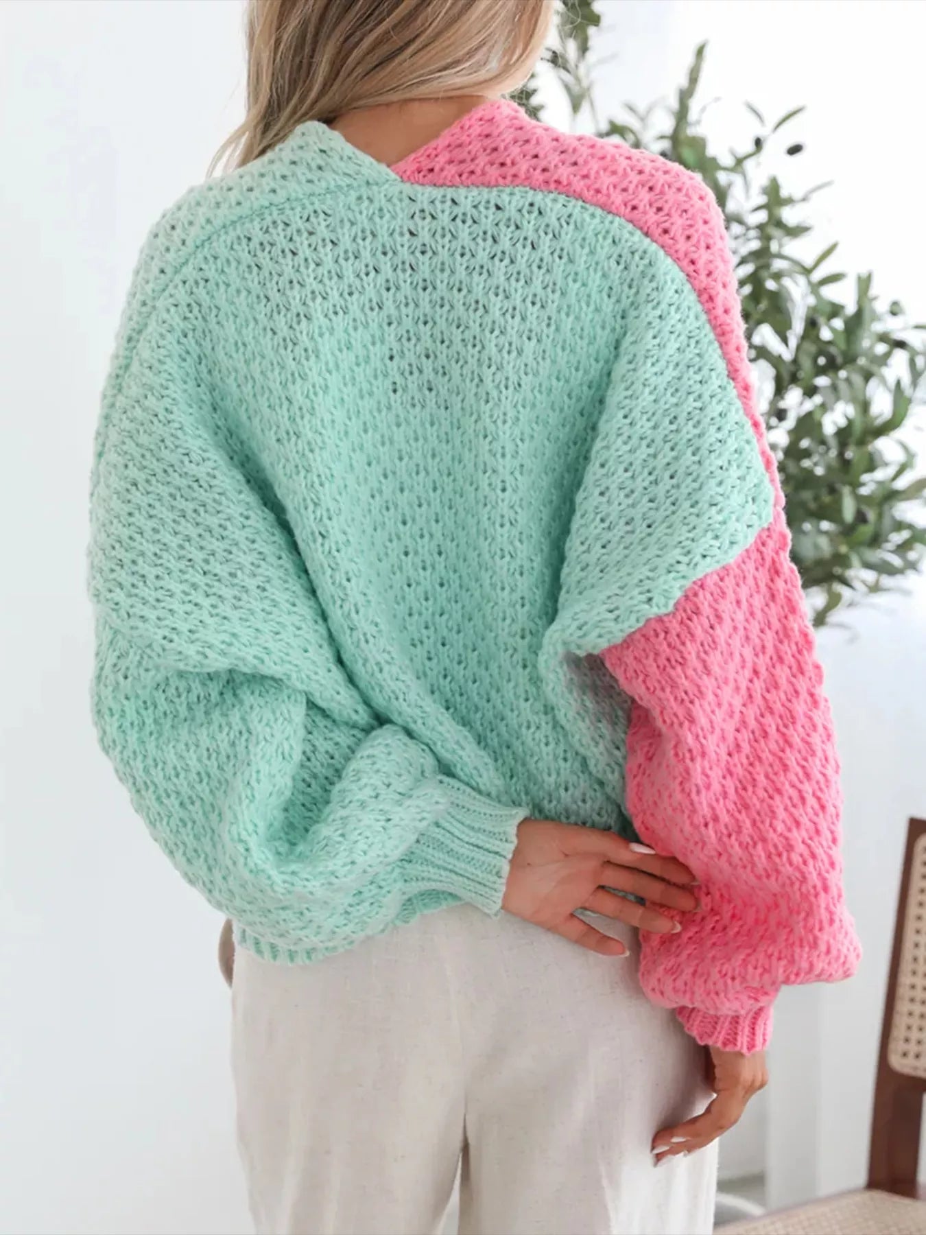 Pastel color block open-front cardigan in chunky cable knit with pink, mint, and soft blue panels – Cotton Candy style from A Whimsical Affair.
