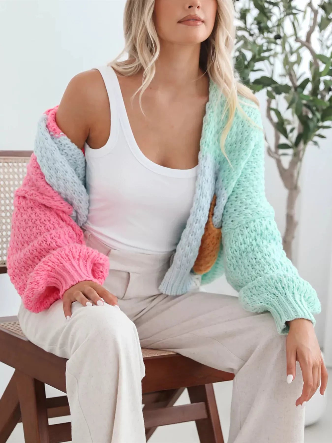 Pastel color block open-front cardigan in chunky cable knit with pink, mint, and soft blue panels – Cotton Candy style from A Whimsical Affair.