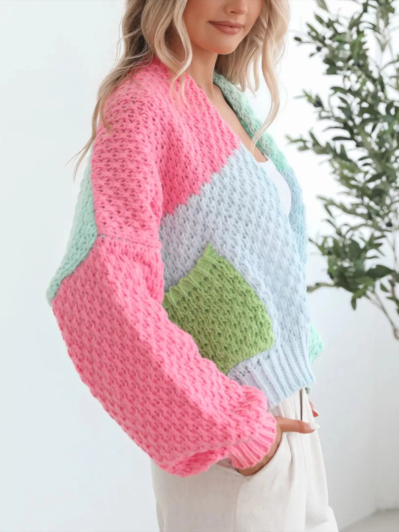 Pastel color block open-front cardigan in chunky cable knit with pink, mint, and soft blue panels – Cotton Candy style from A Whimsical Affair.