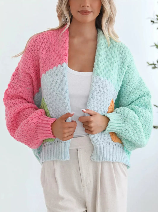 Pastel color block open-front cardigan in chunky cable knit with pink, mint, and soft blue panels – Cotton Candy style from A Whimsical Affair.