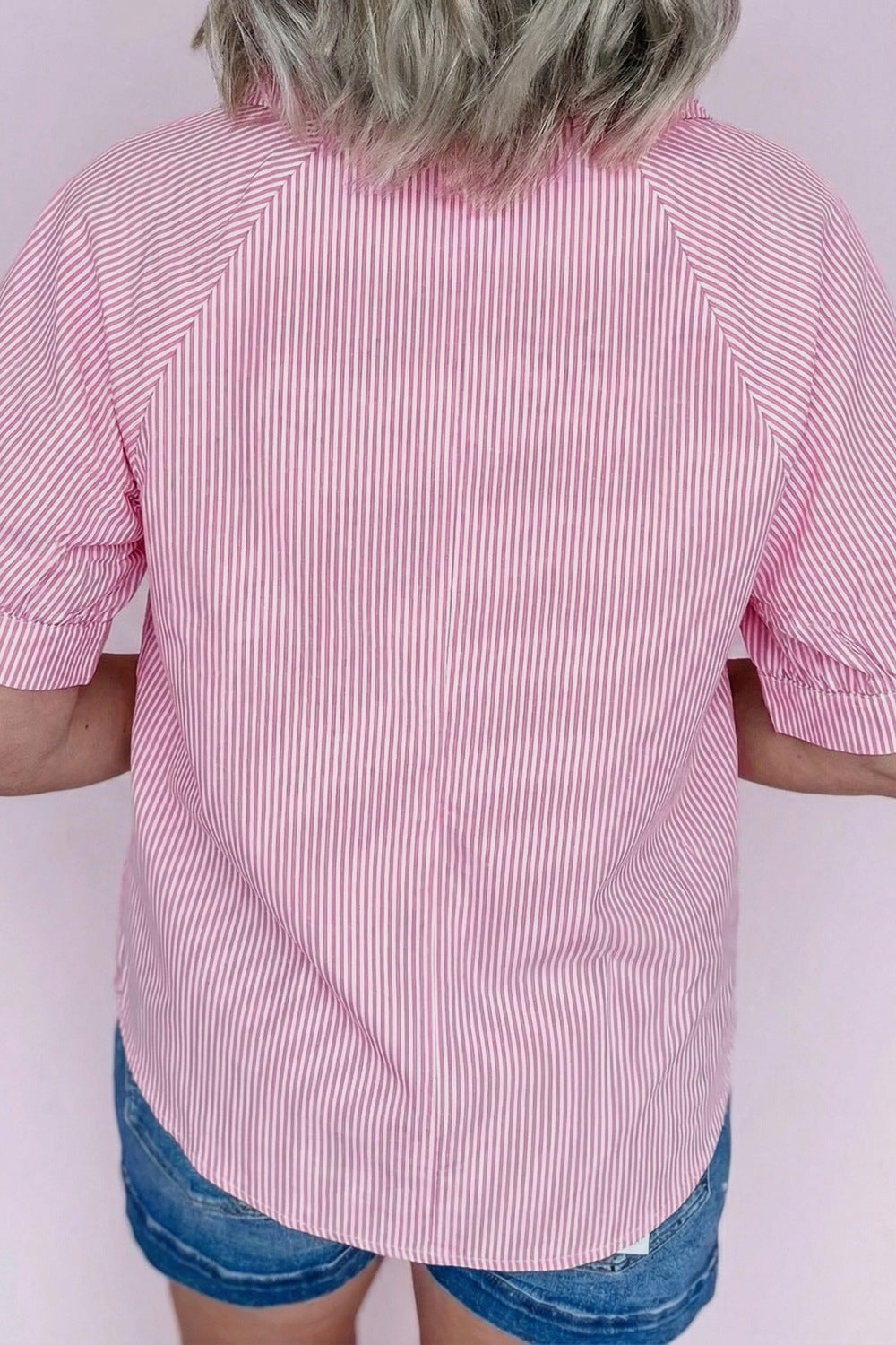 Pink striped collared short sleeve blouse with relaxed fit