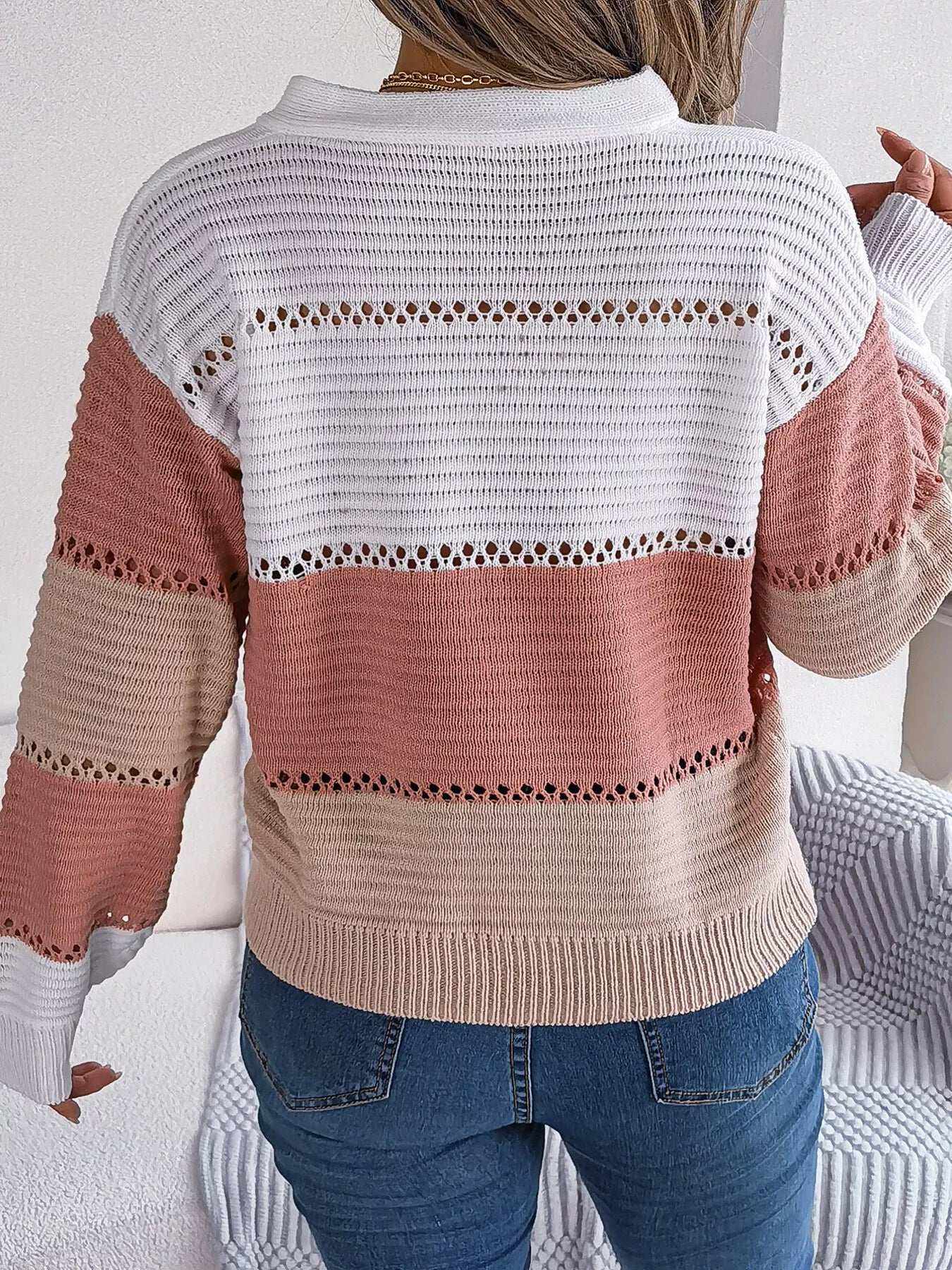 Cozy Stripes Button Knit Sweater in Blush Rose tones with button front and openwork knit