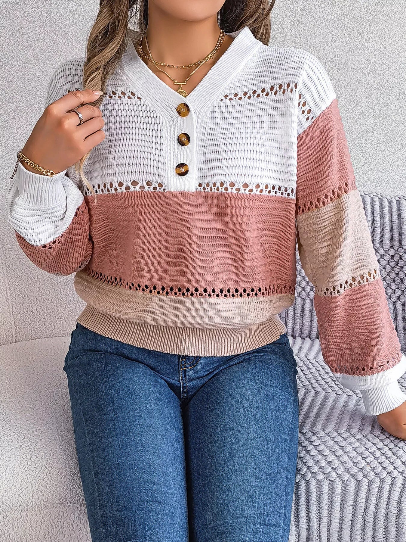 Cozy Stripes Button Knit Sweater in Blush Rose tones with button front and openwork knit
