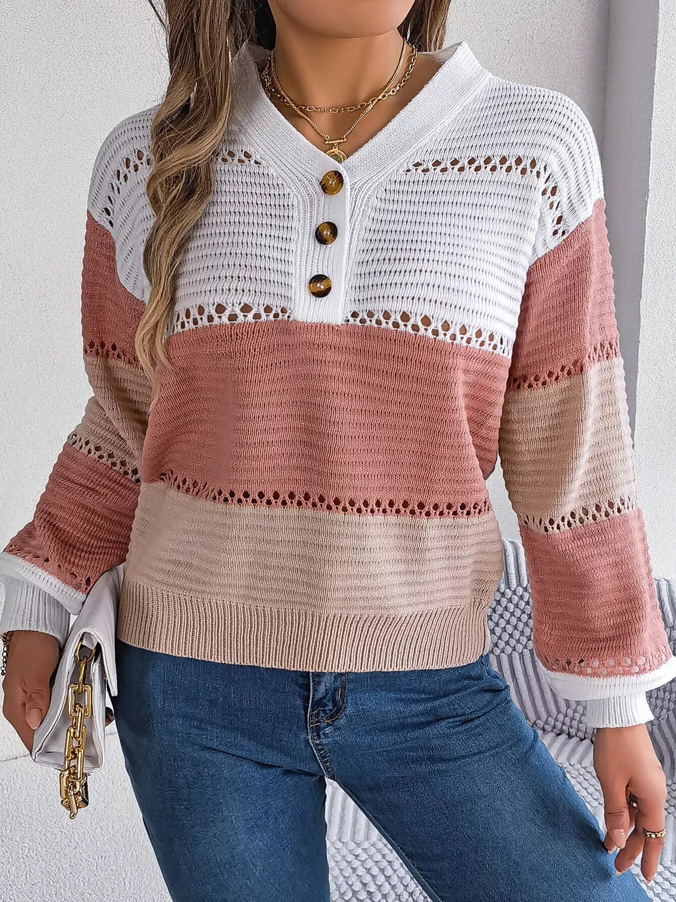 Cozy Stripes Button Knit Sweater in Blush Rose tones with button front and openwork knit