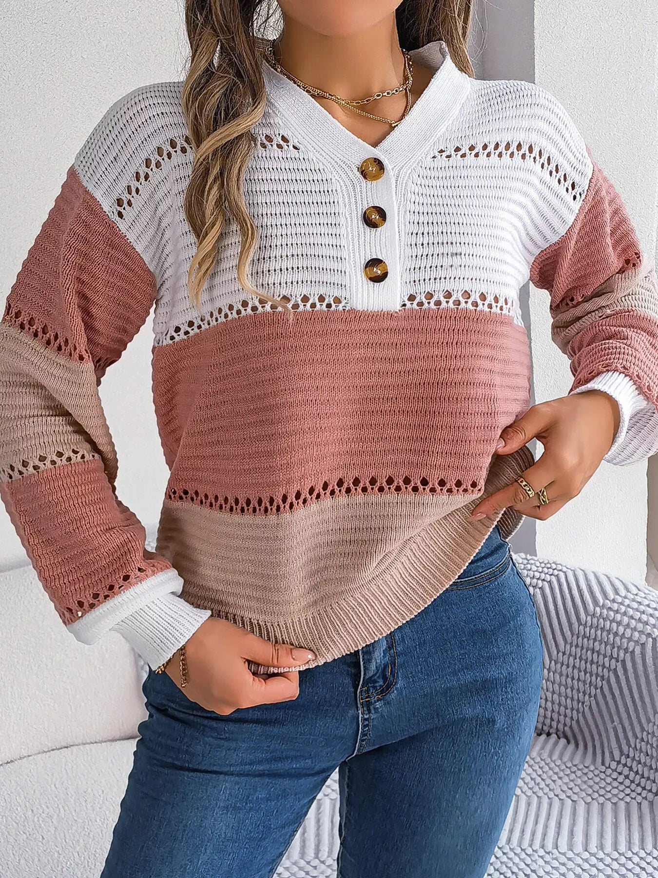 Cozy Stripes Button Knit Sweater in Blush Rose tones with button front and openwork knit