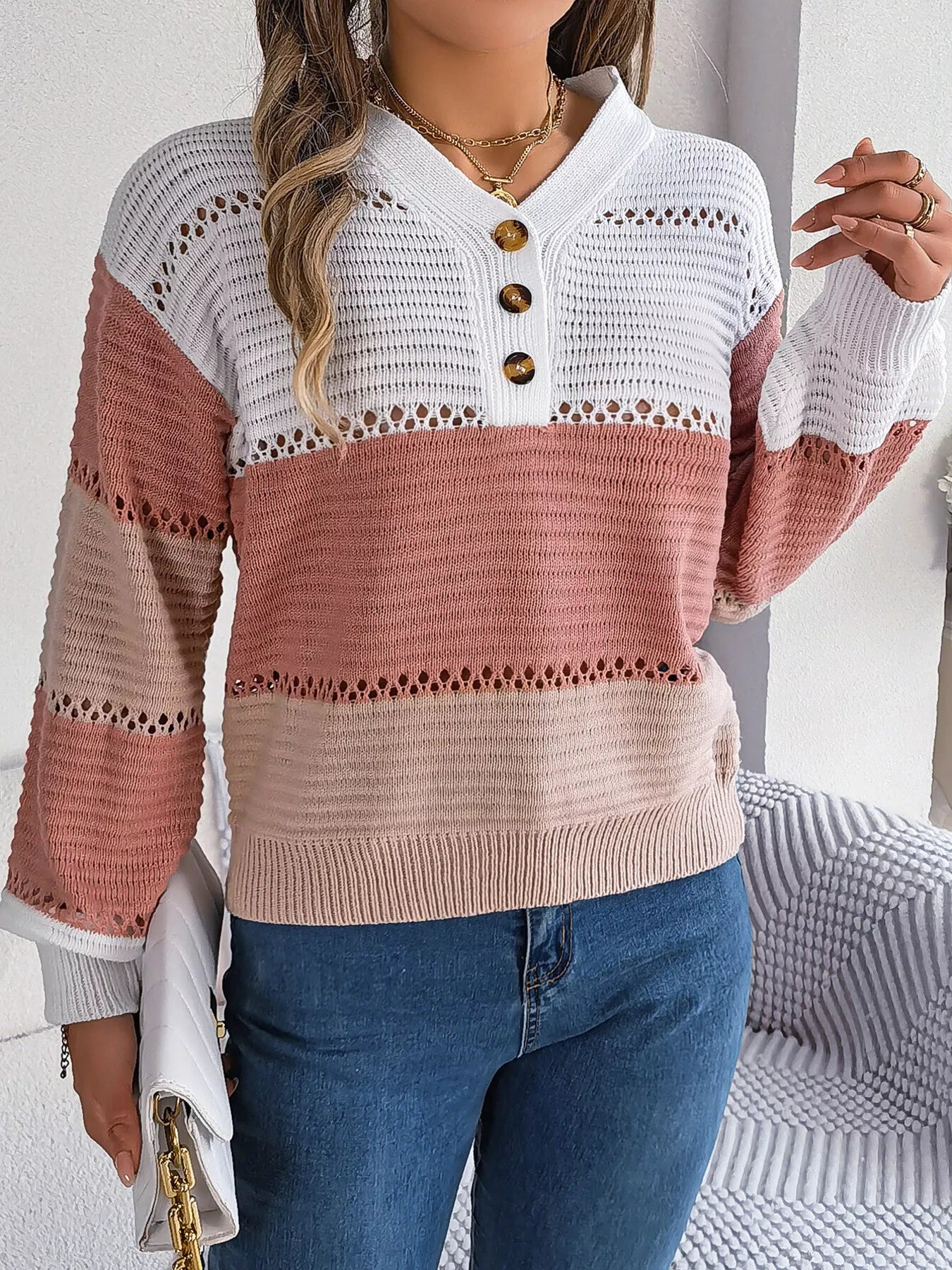 Cozy Stripes Button Knit Sweater in Blush Rose tones with button front and openwork knit