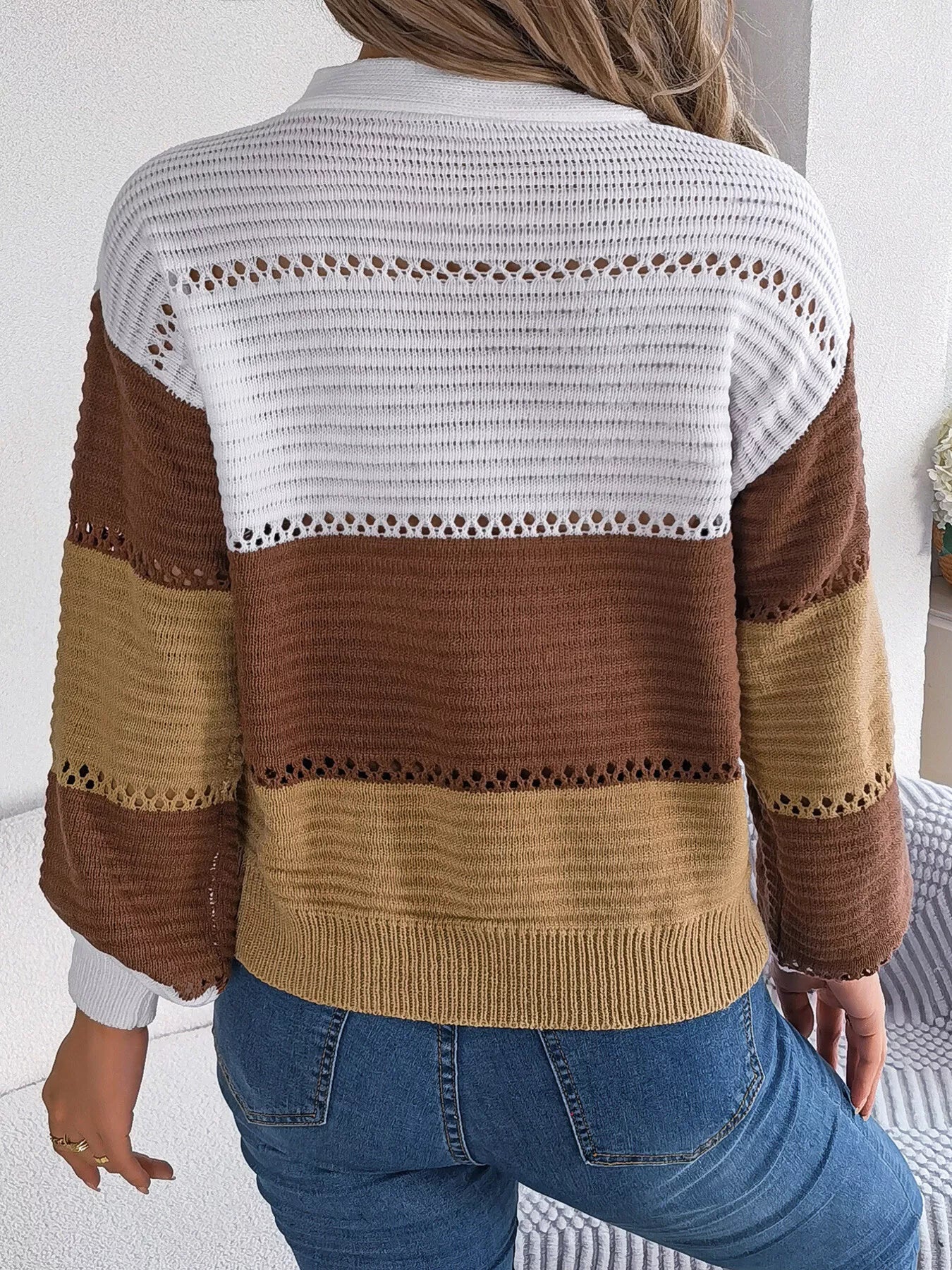 Cozy Stripes Button Knit Sweater in Brown and Khaki with button front and openwork design
