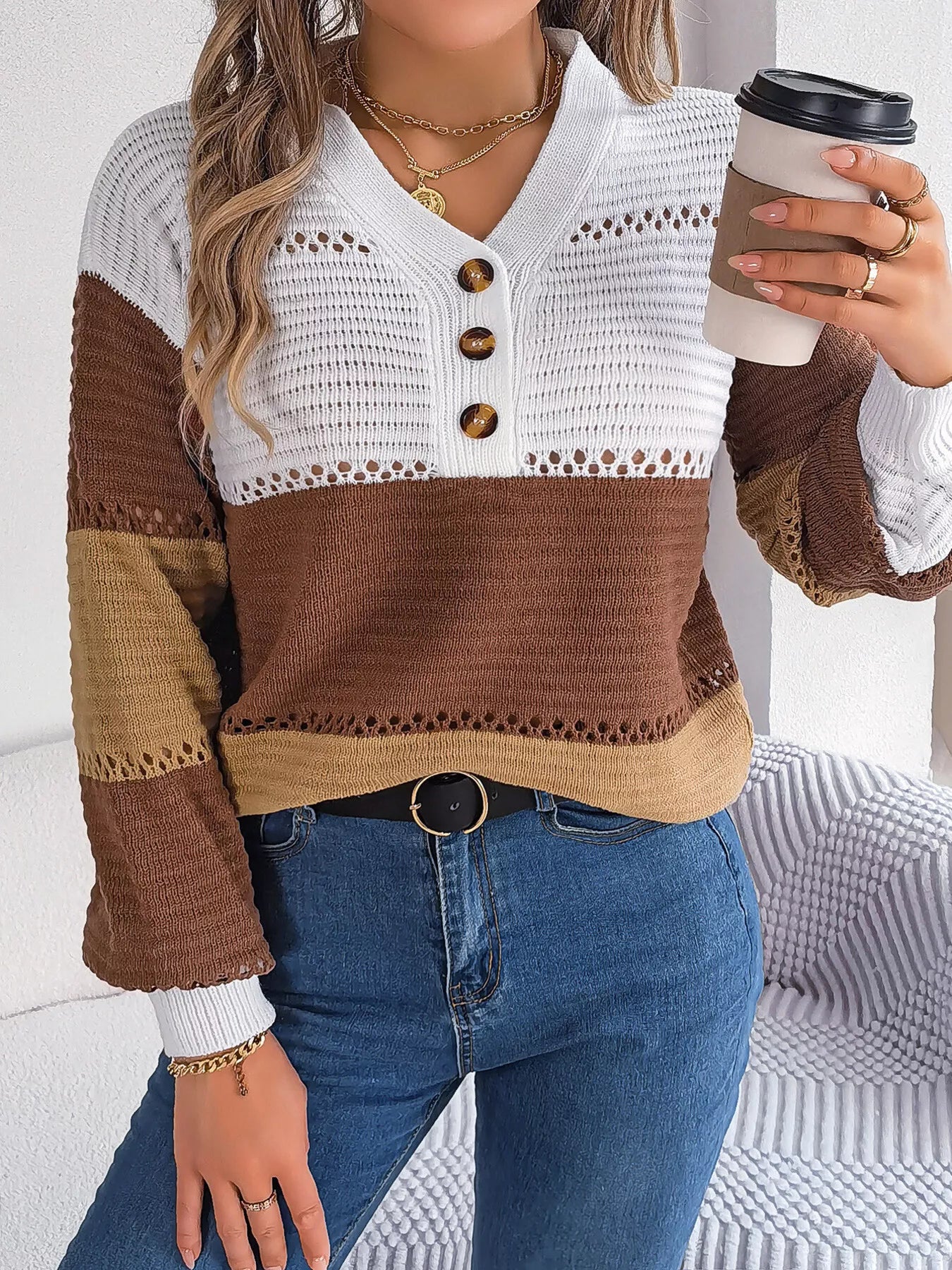 Cozy Stripes Button Knit Sweater in Brown and Khaki with button front and openwork design
