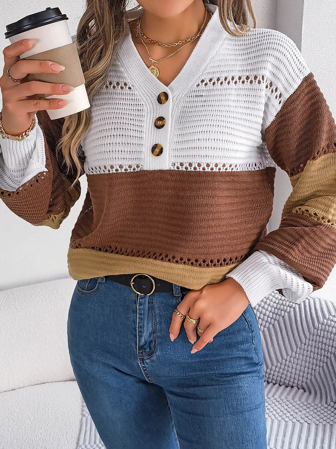 Cozy Stripes Button Knit Sweater in Brown and Khaki with button front and openwork design