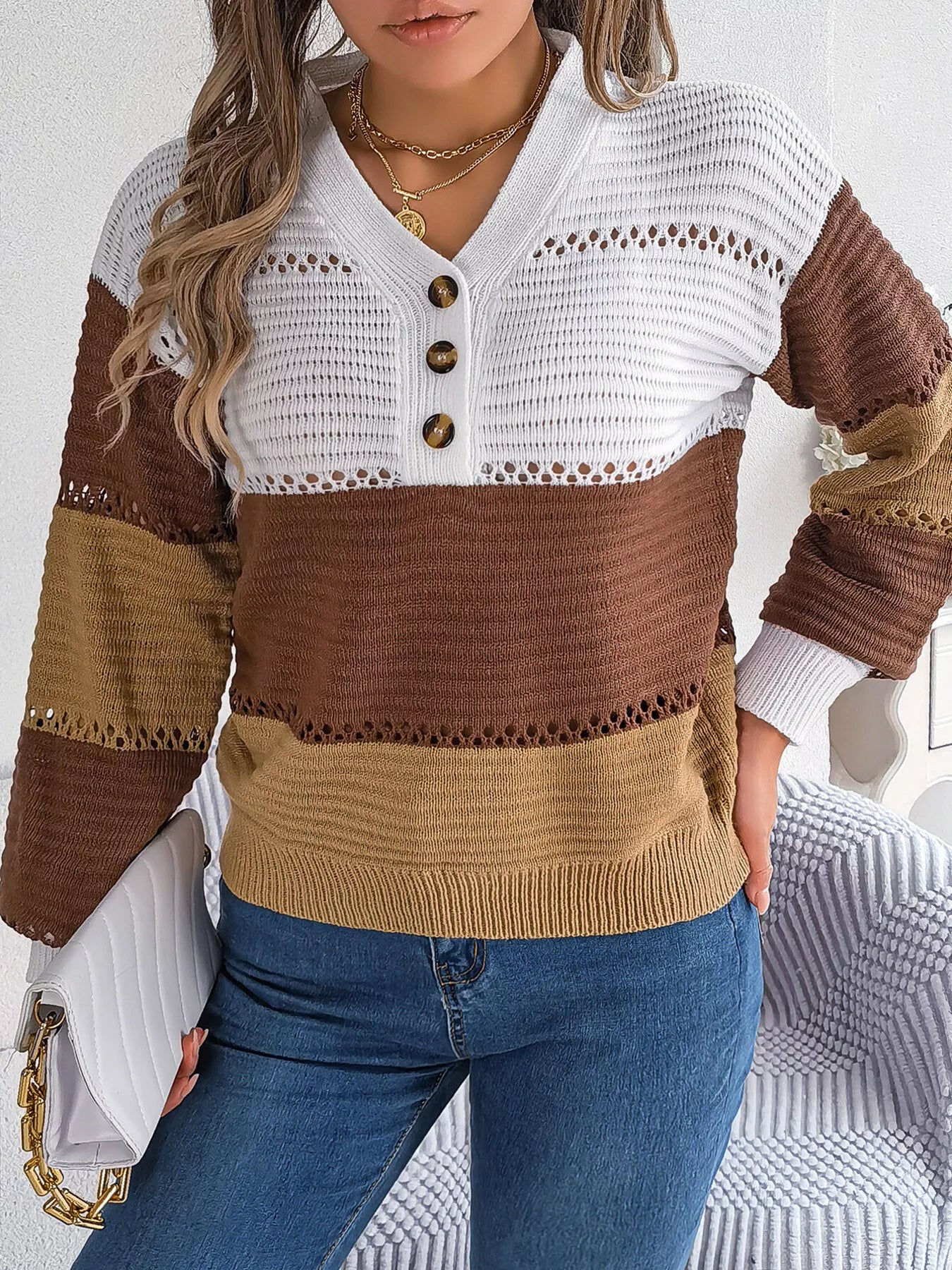 Cozy Stripes Button Knit Sweater in Brown and Khaki with button front and openwork design