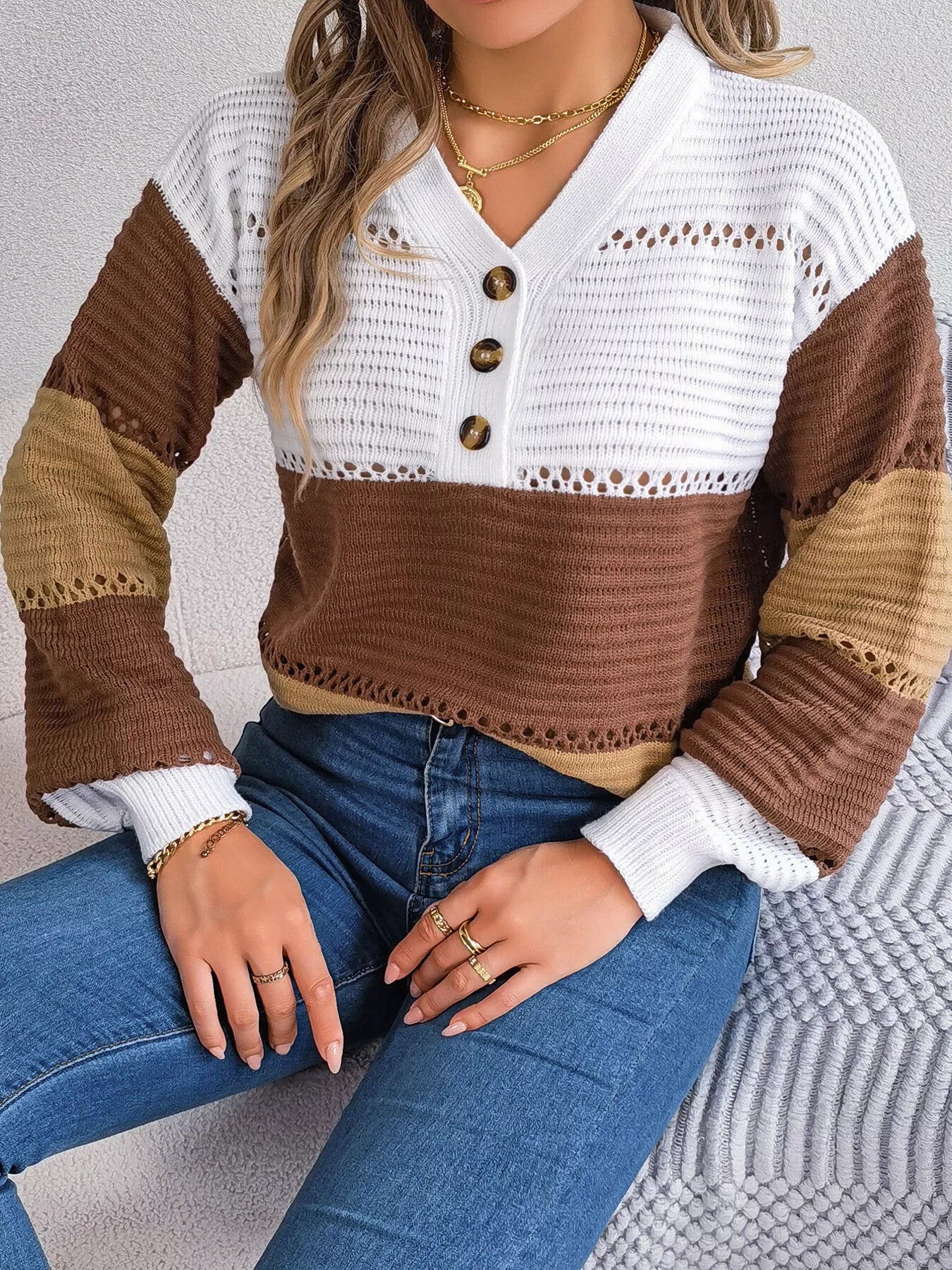 Cozy Stripes Button Knit Sweater in Brown and Khaki with button front and openwork design