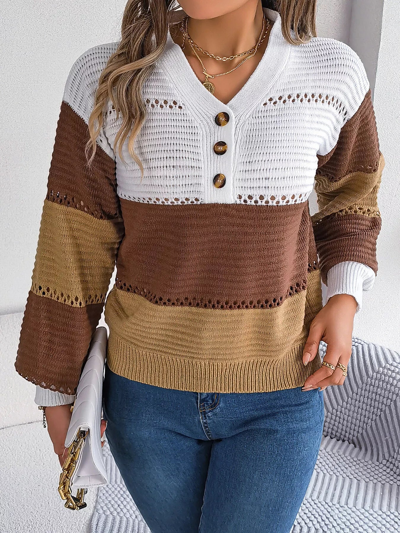 Cozy Stripes Button Knit Sweater in Brown and Khaki with button front and openwork design
