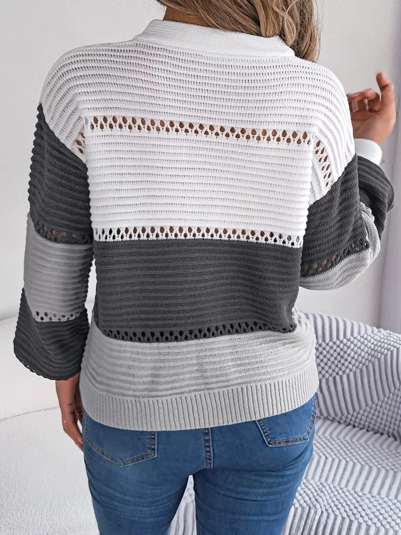 Cozy Stripes Button Knit Sweater in Gray and Black with V-neck and button detail
