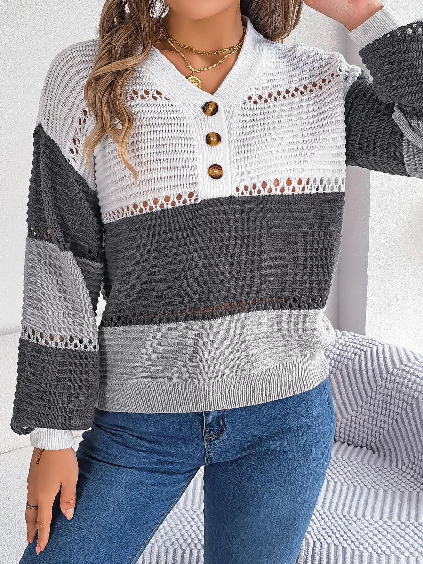 Cozy Stripes Button Knit Sweater in Gray and Black with V-neck and button detail