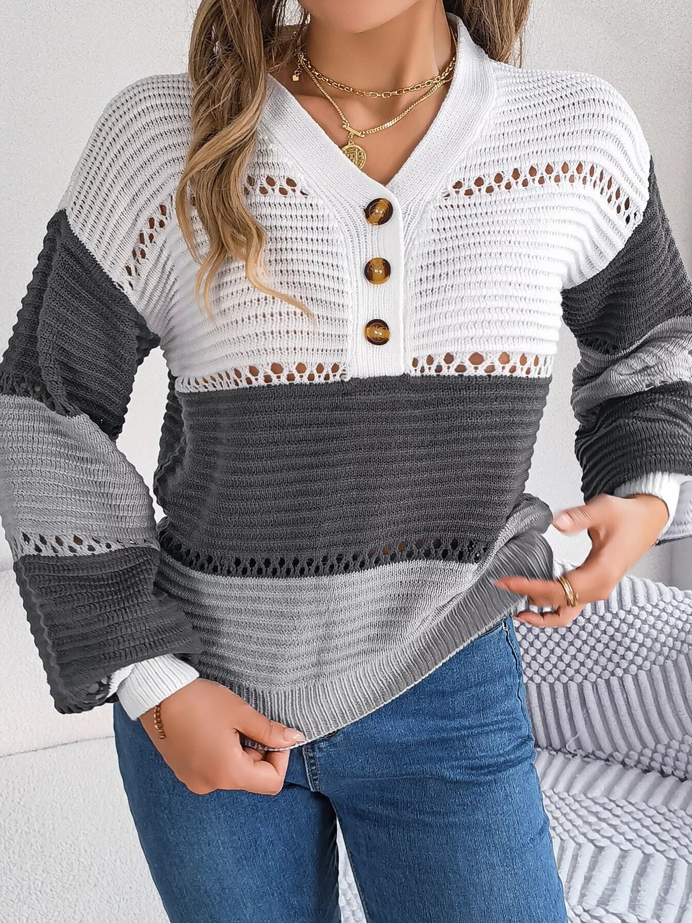 Cozy Stripes Button Knit Sweater in Gray and Black with V-neck and button detail