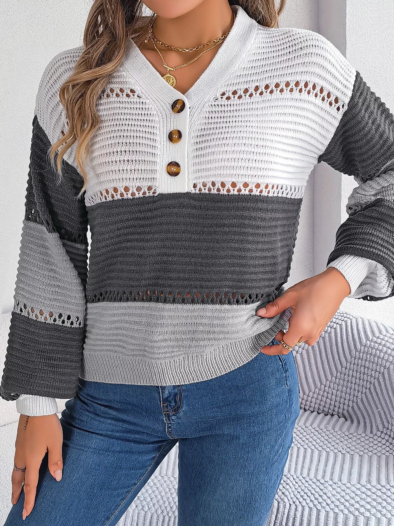 Cozy Stripes Button Knit Sweater in Gray and Black with V-neck and button detail