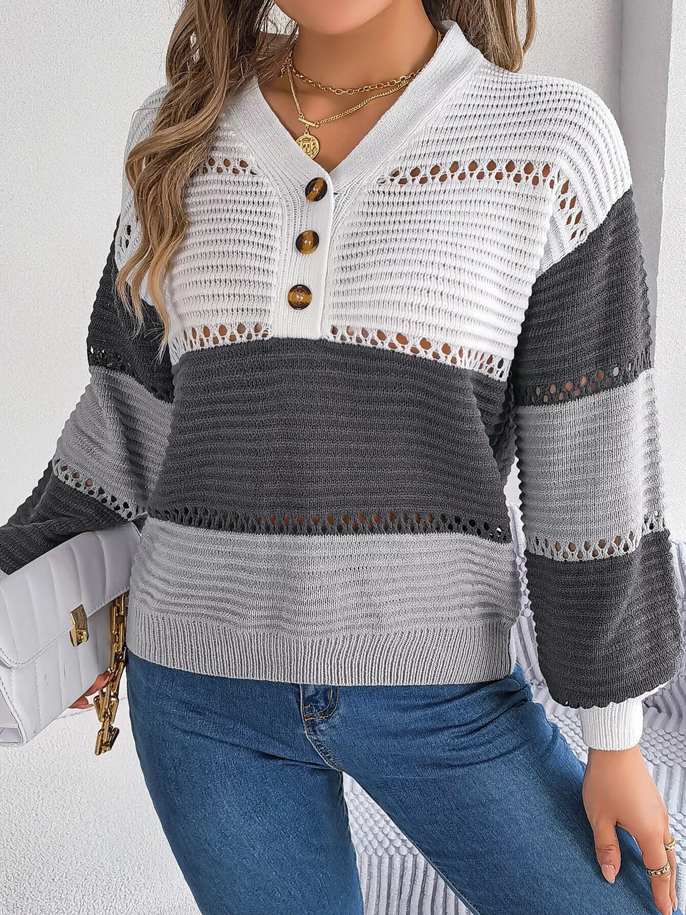 Cozy Stripes Button Knit Sweater in Gray and Black with V-neck and button detail